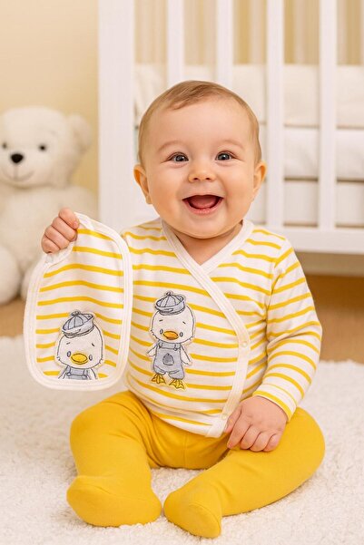 BYS BABY FASHION Sevimli Ördek Nakışlı Çizgili Yenidoğan Bebek 5 Parça Hastane Çıkışı Zıbın Seti Kutulu