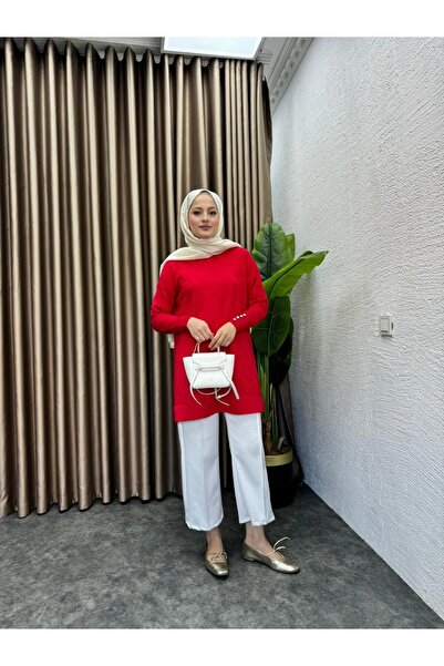 MEYSADESİGN Desenli Merserize Tunik Kırmızı