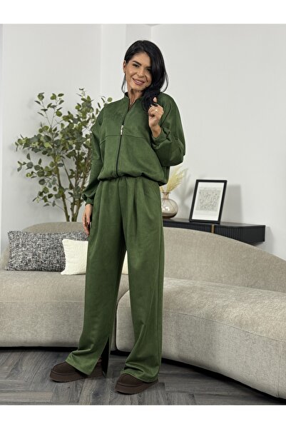 RAMONA BADESCU EXCLUSIVE Costum damă imitație piele întoarsă – jachetă cu fermoar și pantaloni largi