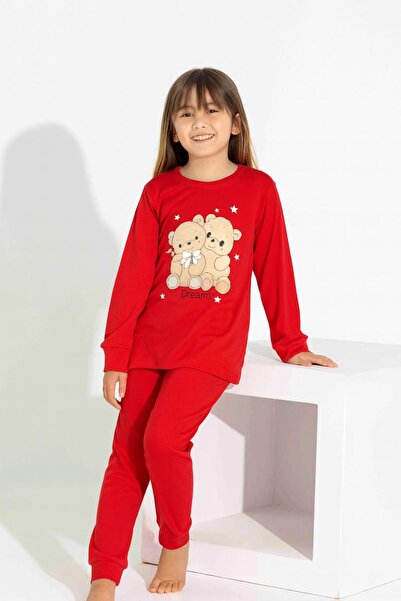 RAPAPA Girl's Long Sleeve Cotton Teddy Bear Printed Pajama Set 8404 Red
