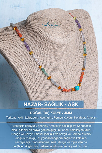 Deniz Doğal Taş Sertifikalı Doğal Taş Kolye (4mm) NAZAR- SAĞLIK - AŞK