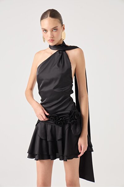 HOLLY LOLLY Belted Mini Satin Giana Dress Black