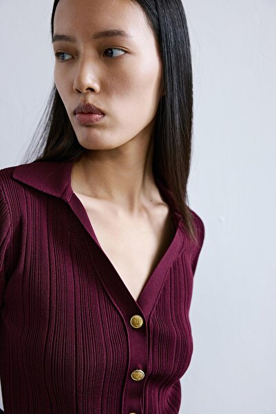 rue V-Neck Burgundy Knitwear Cardigan