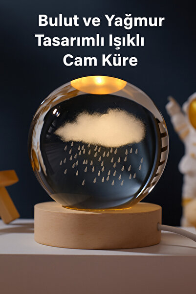 Yenilig Bulut ve Yağmur Tasarımlı Işıklı Cam Küre - USB'li Ahşap Altlıklı Dek...