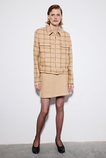 rue Camel Tweed Jacket with Snap Pocket Detail
