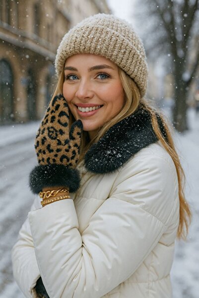 FELLMENS Vizon Leopar Desenli Süet Kadın Eldiven