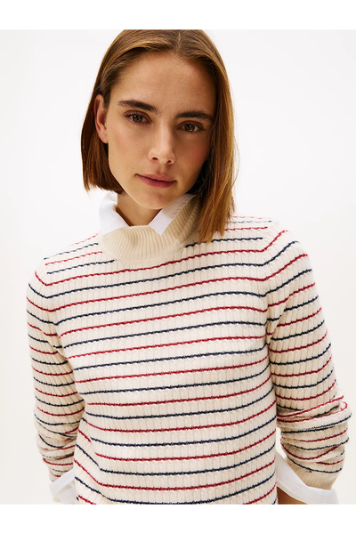 Tommy Hilfiger Kadın Dar Kalıp Çizgili Kaşmir Karışımlı Triko Elbise - Çok Renkli