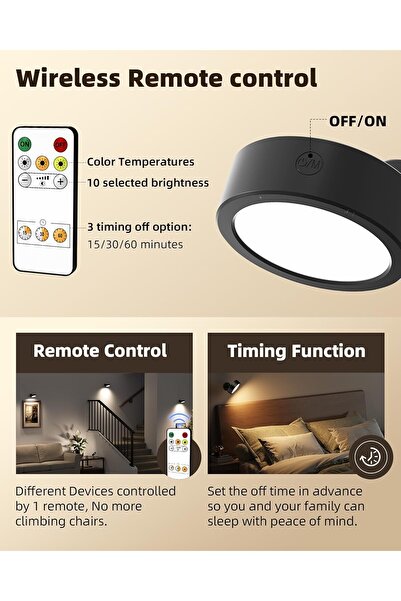 EZVALO Rechargeable 360° Rotating Dimmable Wireless LED Wall Light, 3 Color Temps, Remote & Touch (