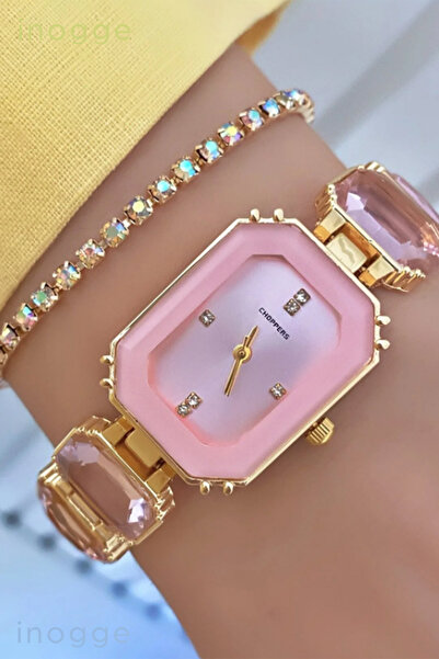 İnogge Pink Stone Elegant Design Special Women's Baguette Band Women's Wristw...