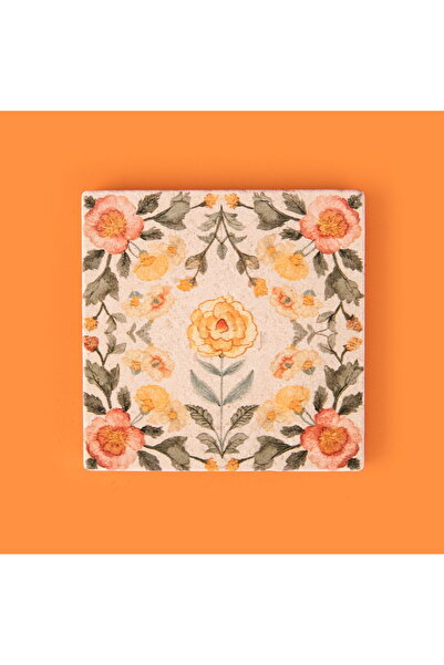 ASPARTAM قاعدة أكواب حجرية بتصميم زهور برتقالية للمطبخ - ملونة - مقاس 10x10 سم