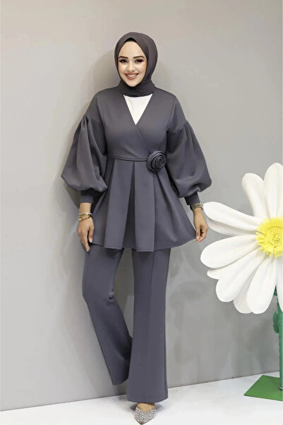 Tesettür Diyarı Rose Detailed Balloon Sleeve Hijab Set - Anthracite