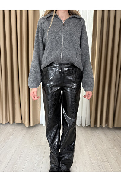 monanora Timsah Derisi Desenli Geniş Paça Deri Pantolon