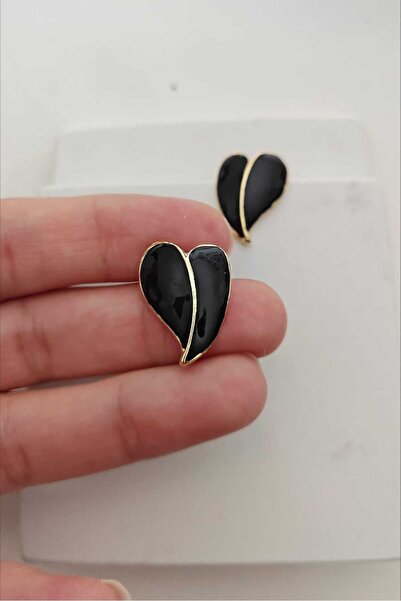 KYOLA DESİGN Black Enamel Heart Women's Earrings