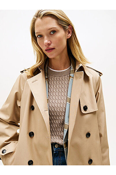 Tommy Hilfiger Cotton Regular Fit Double Breasted Women's Beige Coat Ww0Ww46529Aeg