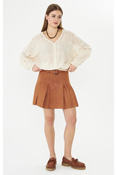 MODA Kemerli Pileli Süet Kısa Etek Taba