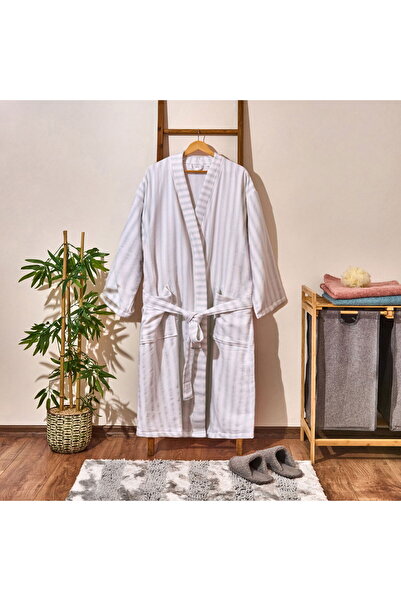 ASPARTAM روب حمام رجالي مخطط كيمونو ناعم - أبيض / أزرق - L / XL