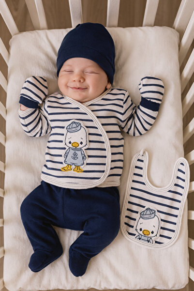 BYS BABY FASHION Sevimli Ördek Nakışlı Çizgili Yenidoğan Bebek 5 Parça Hastan...