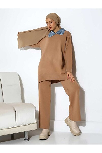 Intisimo Set tricotaje damă, două piese, mărime mare, guler cu perle, maro/denim