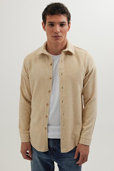 Tudors Erkek Slim Fit Dar Kesim Uzun Kollu Düz Kışlık Oduncu Açık Bej Gömlek