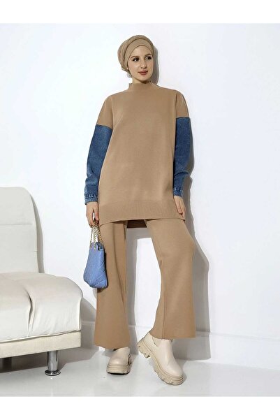 Intisimo Γυναικείο Πλεκτό Κοστούμι, Δύο Τεμάχια, Over Size, Τζιν Μανίκι, Καφέ