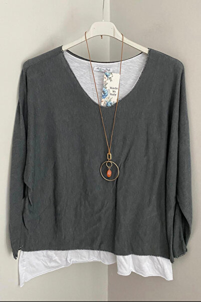 AYASOFYA OTANTIK Bluză din bumbac pieptănat, gri închis, cu model simplu, cu ...