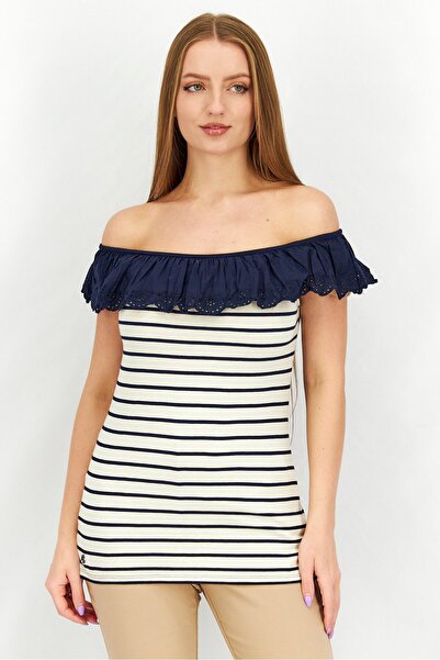 Ralph Lauren Lauren by Women Off The Shoulder Neck Ruffle Sleeves Striped Eye...