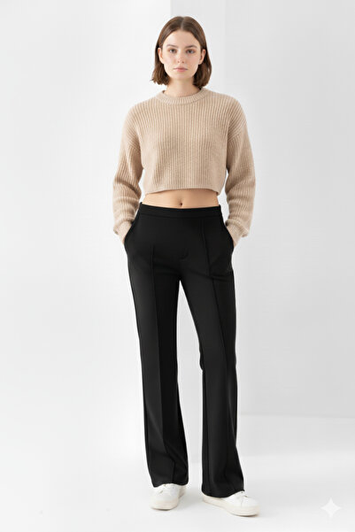 Melff Women's Black Front Ribbed Wide Fit Wide Leg Modal Fabric High Waist Recovery Pants Leggings