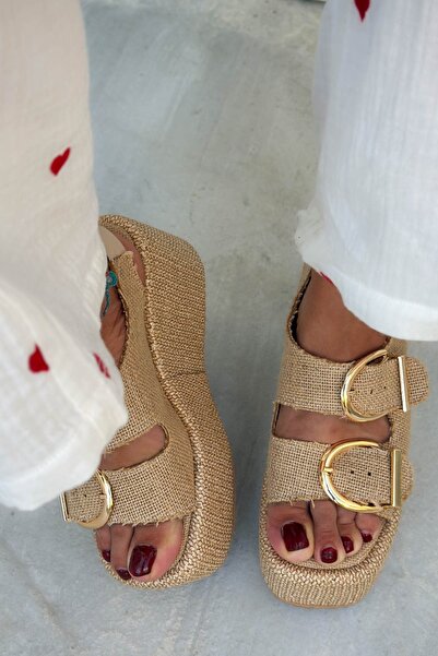 Shoebutik Nina Hasır Natural Wedge Heel Sandals