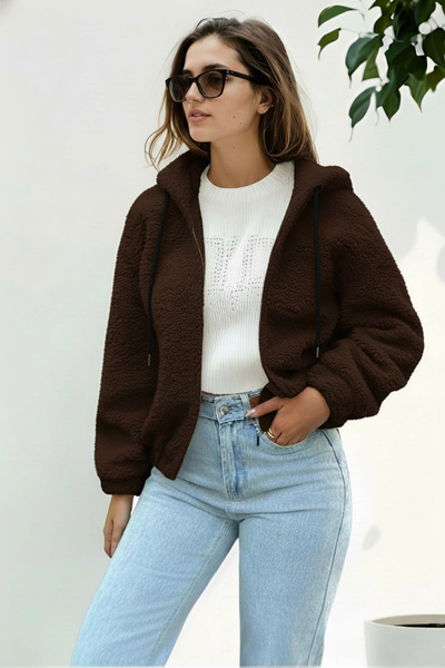 HİRAMİR Peluş Kapüşonlu Kadın Bomber Mont Kahverengi KS2503