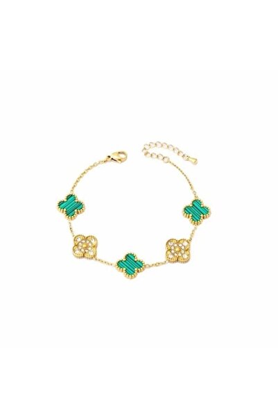 Tessero Brățară de damă, model trifoi, pietre de zirconiu, placată cu aur de 18K, Tessero, verde