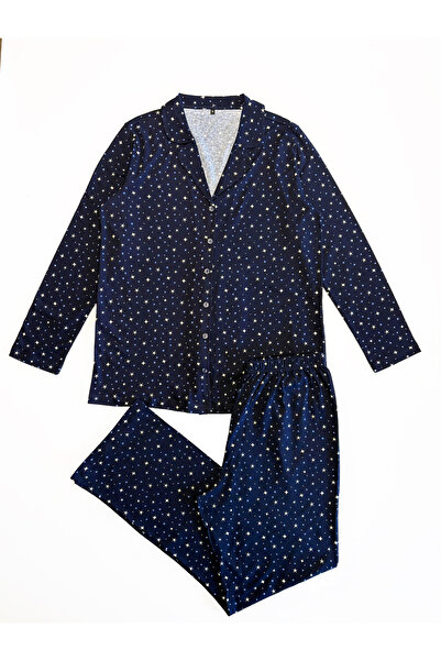 Siyah İnci lacivert yıldız desenli Curve Büyük Beden Battal boy Düğmeli Örme Pamuklu Pijama Takımı7617
