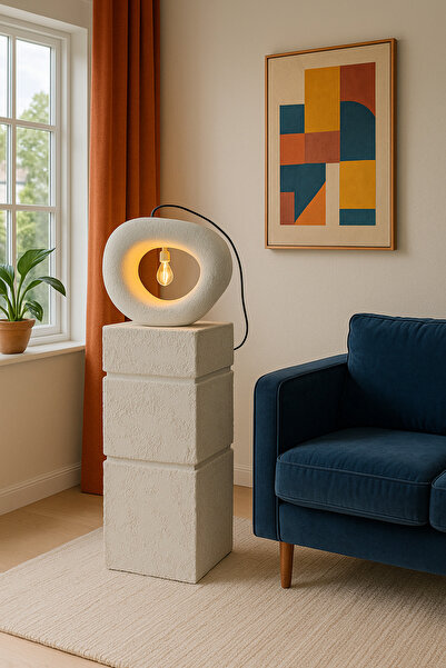 Lunalore İskandinav Traverten Dokulu Fiberglas İki Çizgili Sehpa - Boyanabili...