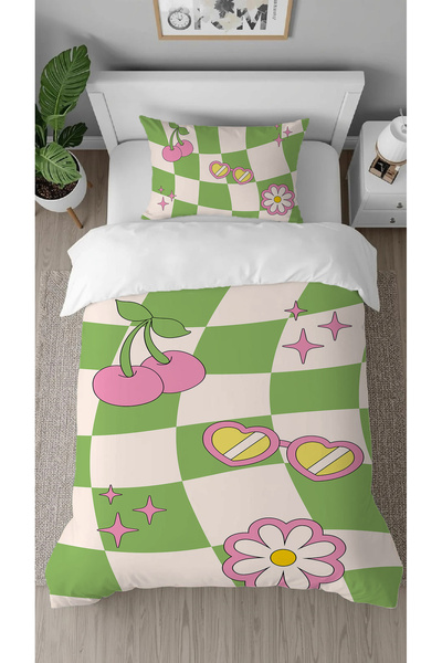 GREENDECOR Daisy Cherry Star Hippie Patterned Digital Design Printed Single Duvet Cover Set Without Sheets