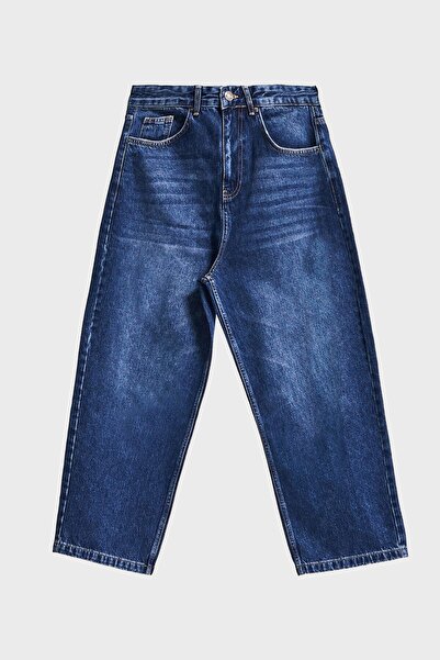 its basic Erkek Koyu Mavi Renk 3w5-5 Loose Baggy Fit Bol Kesim Cep Nakış Detaylı Denim Jean