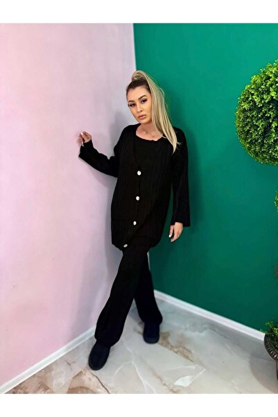 Intisimo Γυναικείο Πλεκτό Κοστούμι, Τρία Τεμάχια, Κουμπιά, Μαύρο