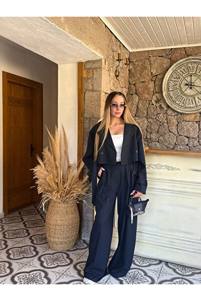 KÜBRA SÖYLEMEZ BOUTİQUE Dark Blue Crop Polyviscon Trench Coat