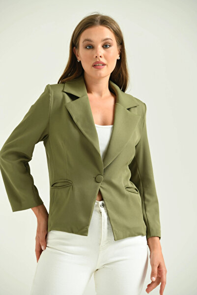 Lujiz Kadın Blazer Ceket Bel Boy Vatkalı Tek Düğmeli Blazer Haki - T026