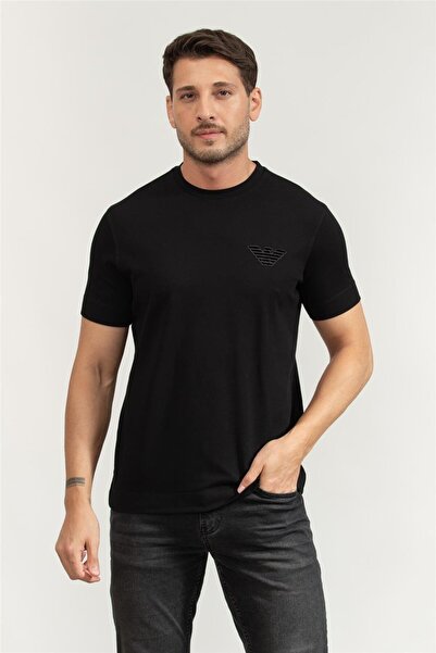 Emporio Armani Men's Delicacy Processed Logo Short Sleeve Crew Neck Cotton Black T-Shirt Em002832 Af12955-Uc001