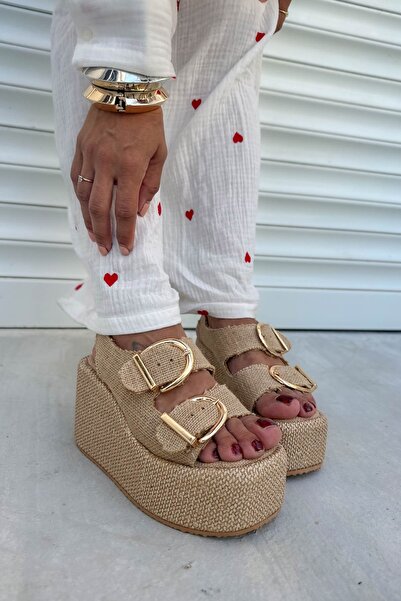 Shoebutik Nina Hasır Natural Wedge Heel Sandals