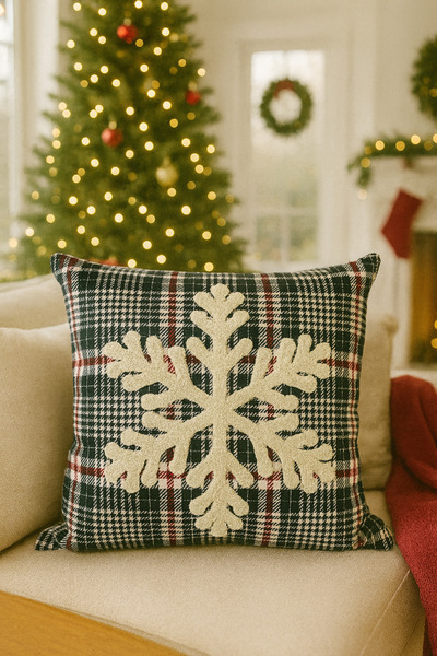 Pilloveland Punch Nakışlı Kırlent Kılıfı - 43*43 Cm - Yeşil Ekose Kar Tanesi - PNK001