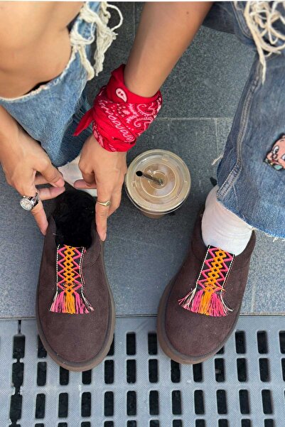 Shoebutik Coin Bitter Brown Ethnic Tape Detail Plush Women's Slippers