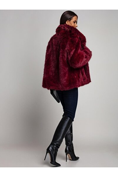 UniqueStore.ro Jachetă elegantă de blană bordo cu guler larg