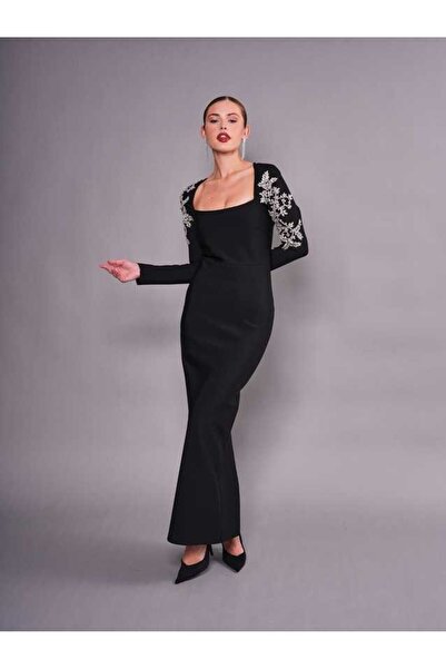 SERPİL Kare Yaka Taş İşlemeli Uzun Abiye Elbise 51065