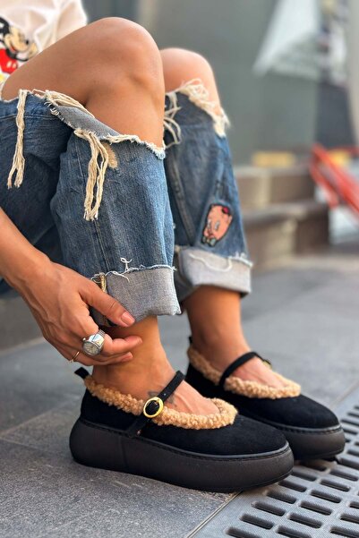 Shoebutik Black Suede Fur Women's Sneakers Ballet Flats