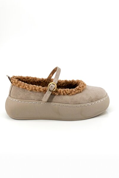 Shoebutik Sereny Beige Suede Fur Women's Sneakers Ballet Flats