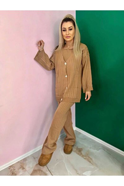 Intisimo Γυναικείο Πλεκτό Κοστούμι, Τρία Τεμάχια, Κουμπιά, Καφέ