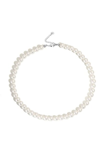 Tessero Women's Neckline Necklace with White Pearls, Length 45+5 cm, Silver,