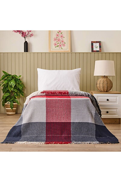 ASPARTAM Soft Vintera Cotton Single Blanket - Red / Navy Blue - 150X200 cm