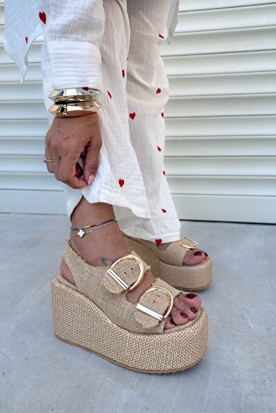 Shoebutik Nina Hasır Natural Wedge Heel Sandals