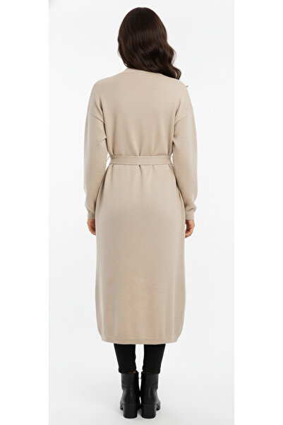 Uludağ Triko Women's Beige Embroidered Floral Detailed Belted Kimono Poncho